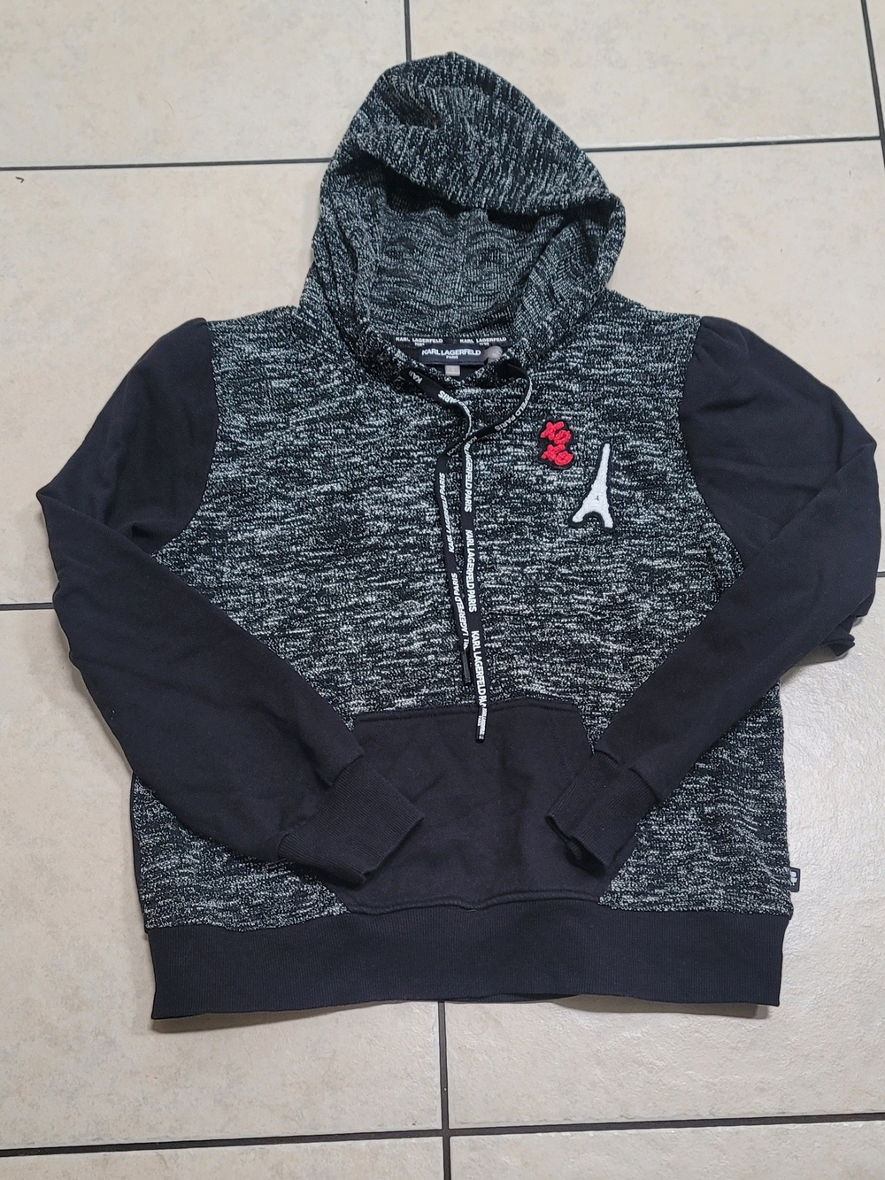 Karl Lagerfeld Black Heather Hoodie with Eiffel Patch